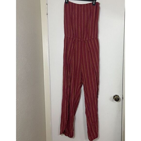 Anthropologie DREW Red stripe strapless emerson split leg Jumpsuit Linen Large - Picture 2 of 7